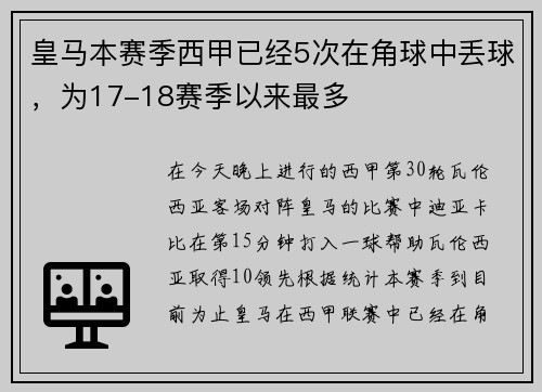皇马本赛季西甲已经5次在角球中丢球，为17-18赛季以来最多